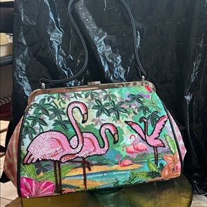 Isabella Fiore Pink and Green Flamingo Shoulder Bag